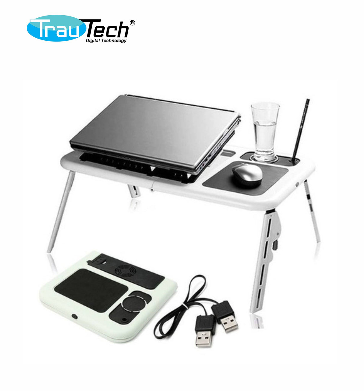 MESA C/VENTILADOR P/LAPTOP, POSA VASO Y MOUSE TRAUTECH PE-SD0089