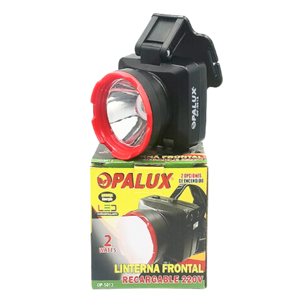 LINTERNA FRONTAL ROJA OPALUX 2W ALTA, BAJA RECARGABLE 220V OP-5012