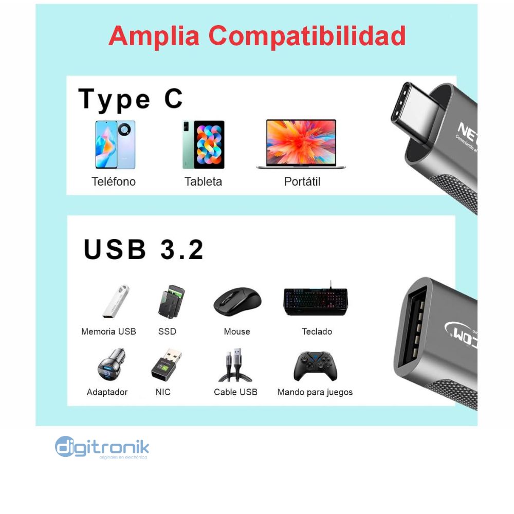 ADAPTADOR USB-C MACHO A USB-A HEMBRA V3.1 GEN 2 NETCOM PE-CU0031