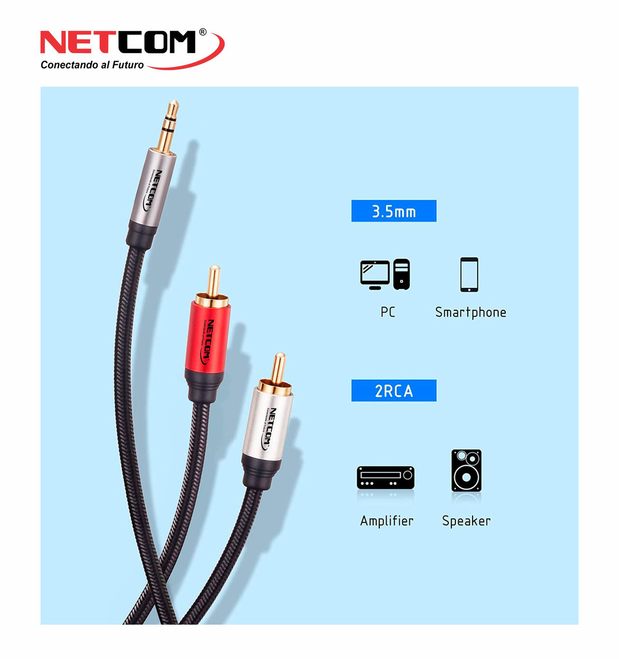 CABLE DE AUDIO 2 RCA MACHO A 1 PLUG 3.5MM 1.8MTS NETCOM PE-RS0112