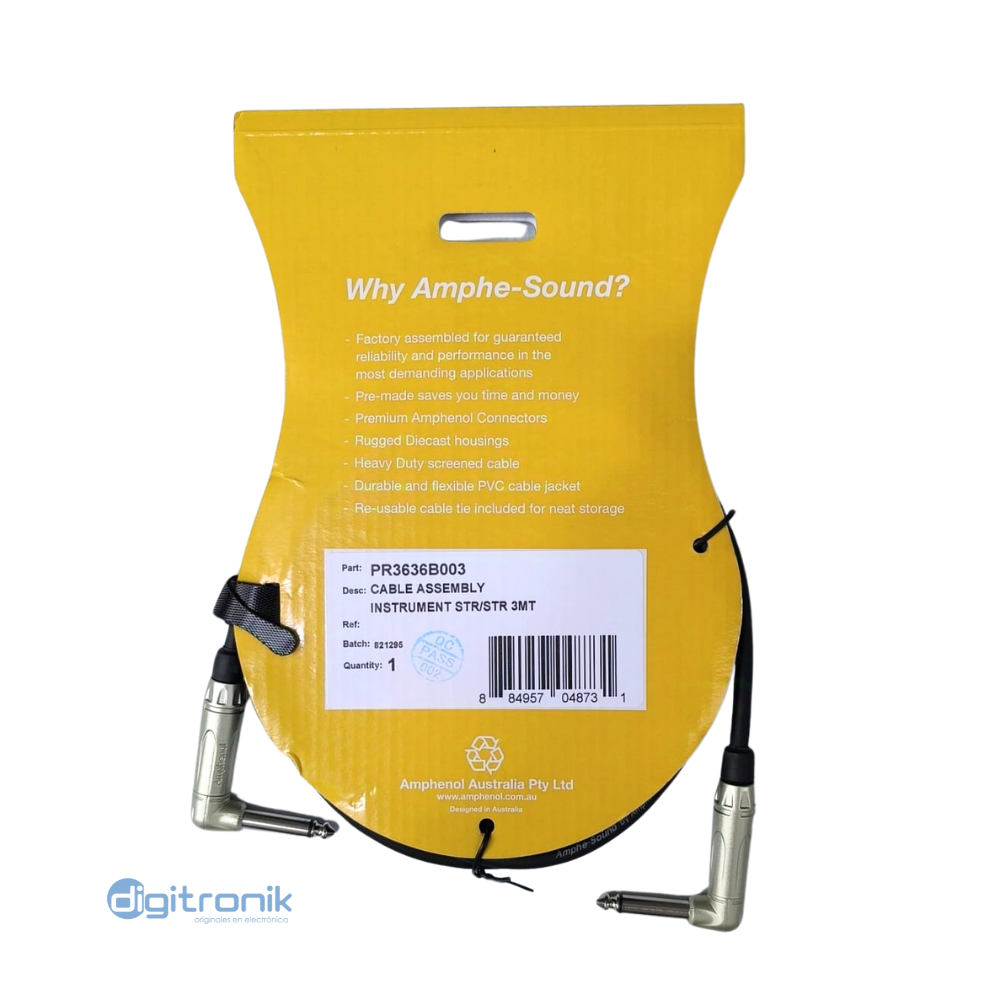 CABLE DE PLUG EN ANGULO A PLUG EN ANGULO MONORAL DE 1/4" 3M PR3636B003 AMPHENOL