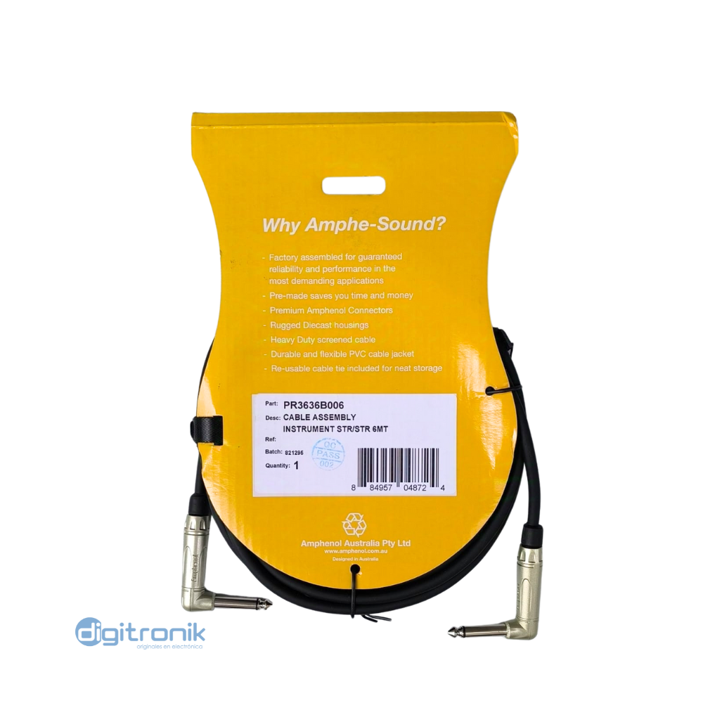 CABLE DE PLUG EN ANGULO A PLUG EN ANGULO MONORAL DE 1/4" 6M PR3636B006 AMPHENOL