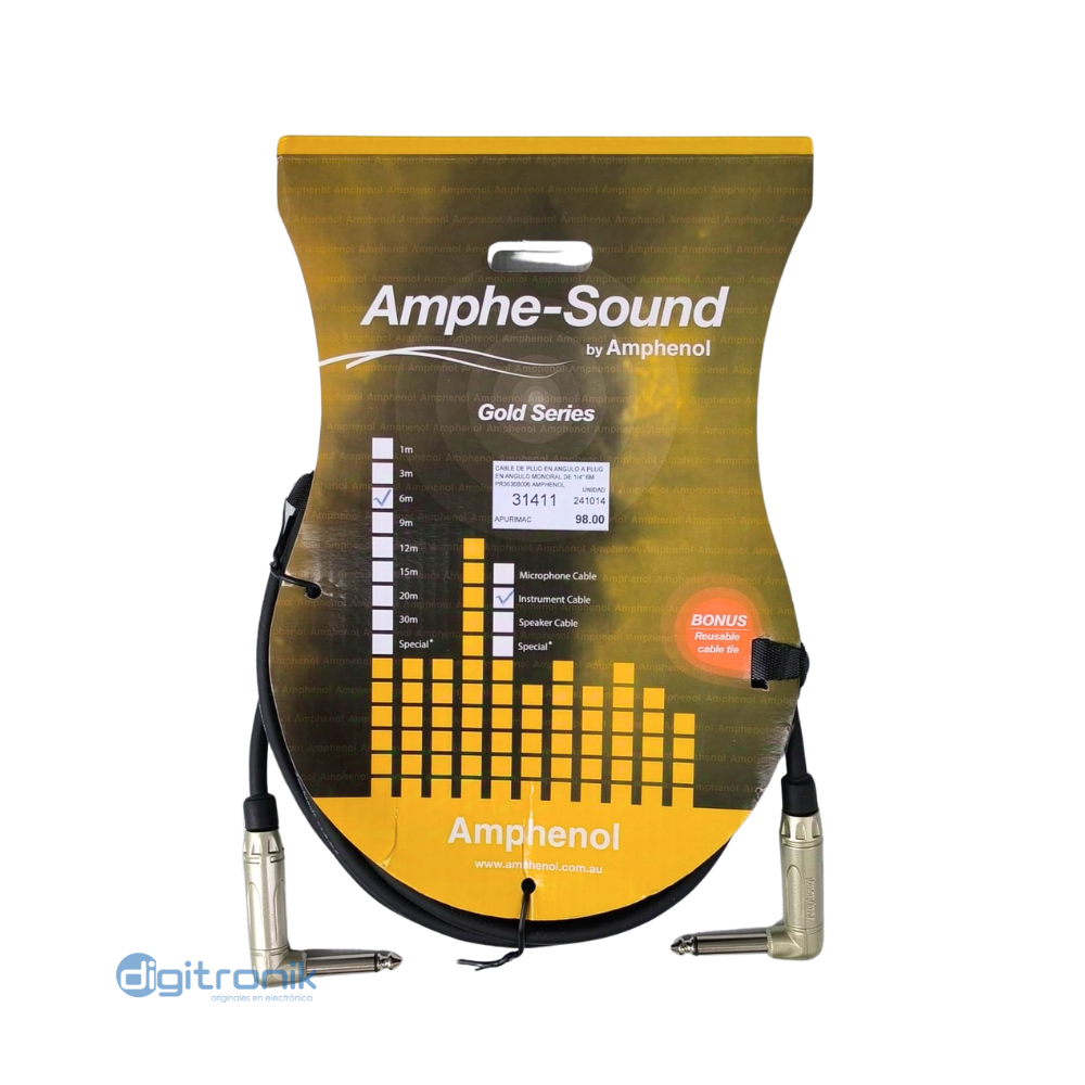 CABLE DE PLUG EN ANGULO A PLUG EN ANGULO MONORAL DE 1/4" 6M PR3636B006 AMPHENOL