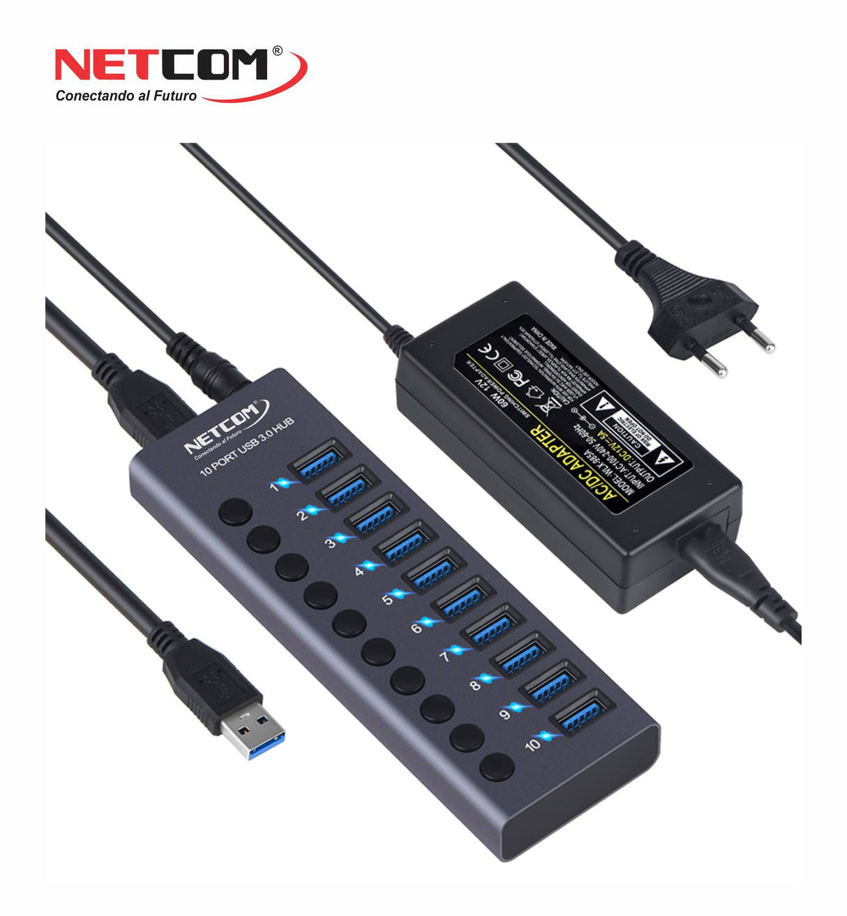 Hub USB 3.0 de 10 Puertos con Switch Independiente PE-HB0098 NETCOM