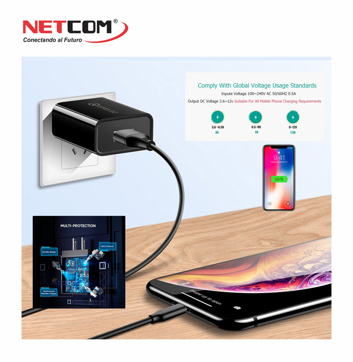 Cargador USB 3.0 / Quick Charge 3.0 PE-HC0498 NETCOM