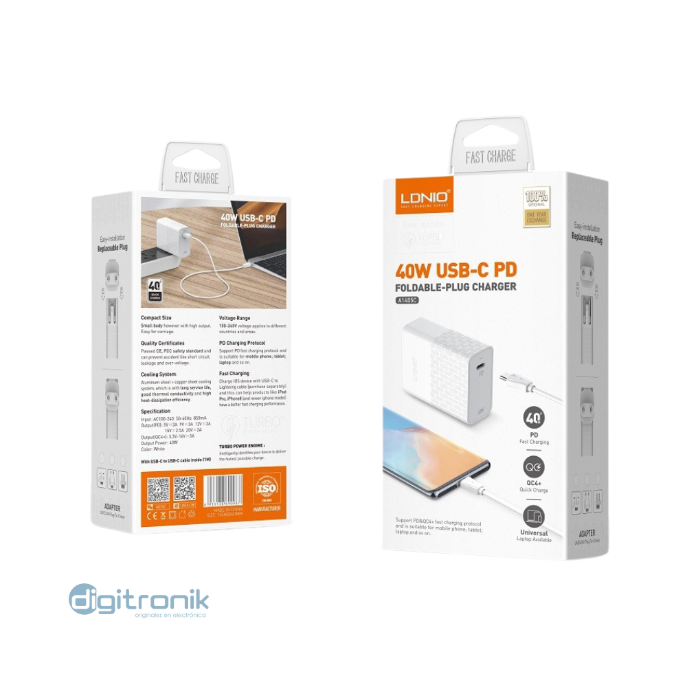 Cargador súper rápido Ldnio tipo-C de 40W A1405C