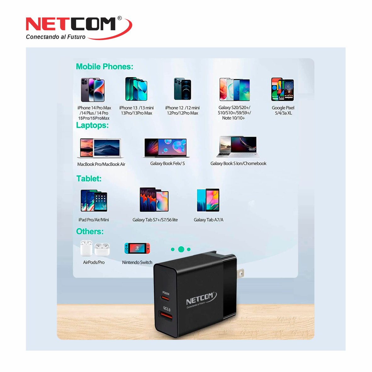 Cargador de Pared Universal de 65W 2 en 1 PE-HC0096 NETCOM