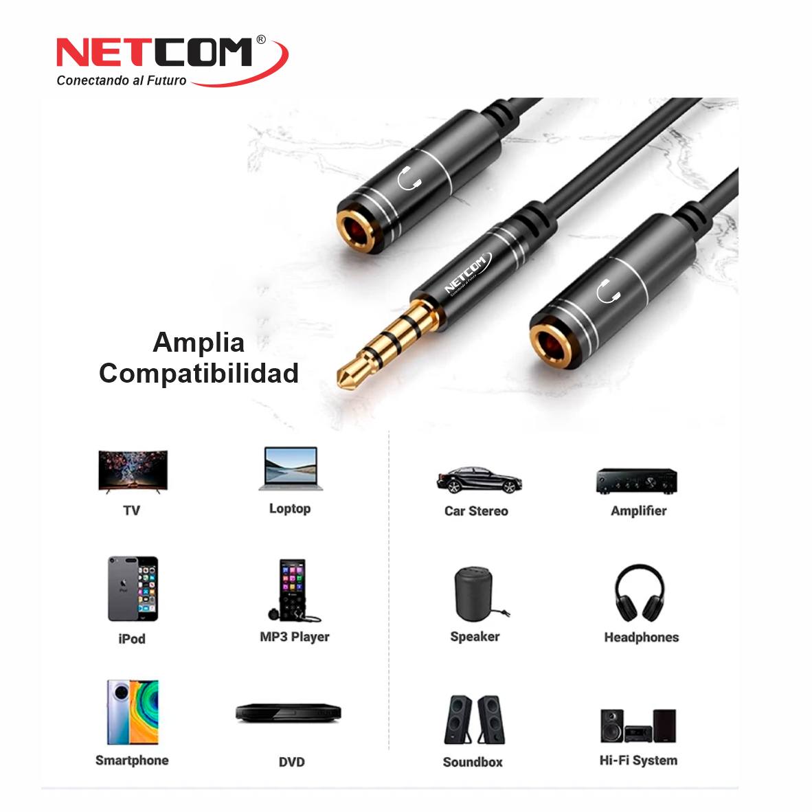 SPLITER PLUG 3.5MM TO 2 JACK 3.5MM HEMBRA NETCOM PE-RS0086