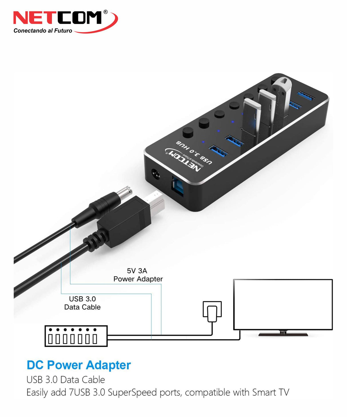 HUB USB 3.0 7 PUERTOS 2AMP NETCOM PEHB0099