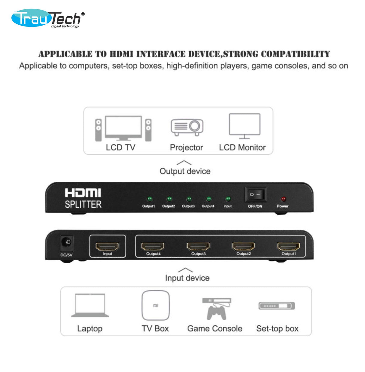 SPLITER HDMI 3D V 1.3 1X4 TRAUTECH PE-HD0061