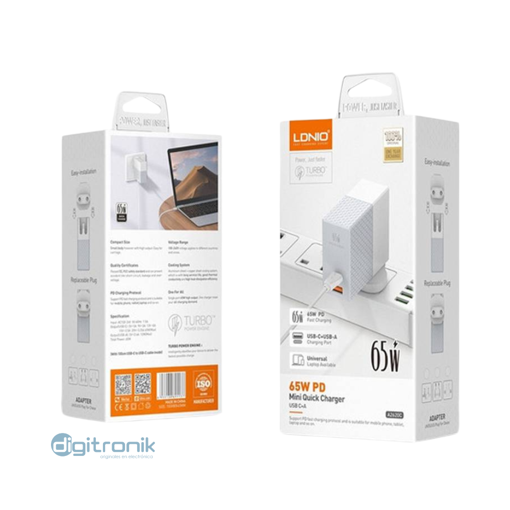 Cargador de pared súper carga rápida de 65W A2620C LDNIO USB y Type-C