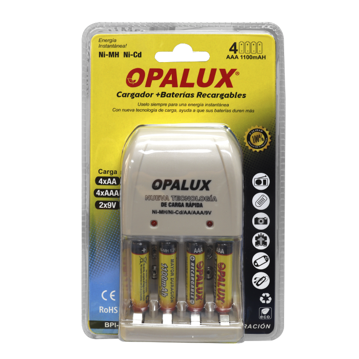 CARGADOR DE PILAS AA/AAA/9V OPALUX NI-MH/NI UL + 4 PILAS NH-A BPI-06AAA1