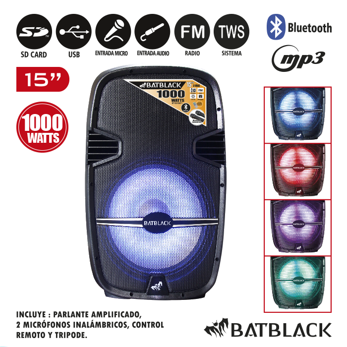 Parlante amplificado 15" 1000W BATBLACK BT-1501BAT1