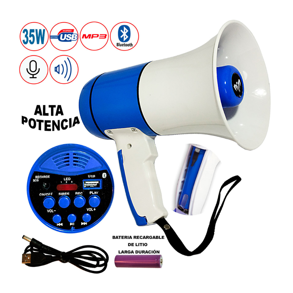 MEGAFONO RECARGABLE 35W CON SISTEMA DE GRABACION BATBLACK BT-35LT/USB/BT