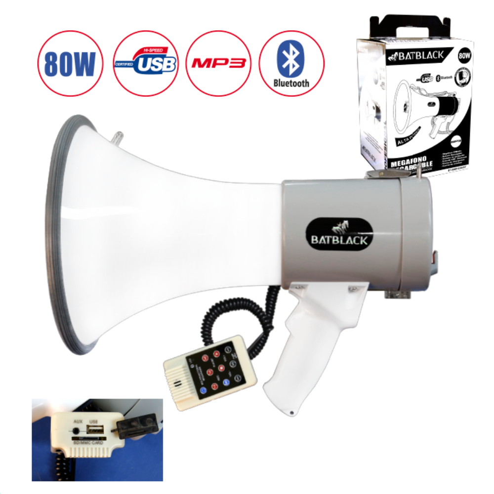 MEGAFONO 80W RECARGABLE BATBLACK CON SIRENA, USB, BLUETOOTH BT-80BP-USB-BT