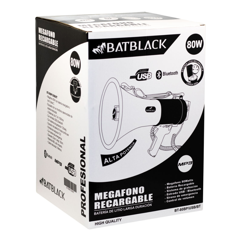 MEGAFONO 80W RECARGABLE BATBLACK CON SIRENA, USB, BLUETOOTH BT-80BP-USB-BT