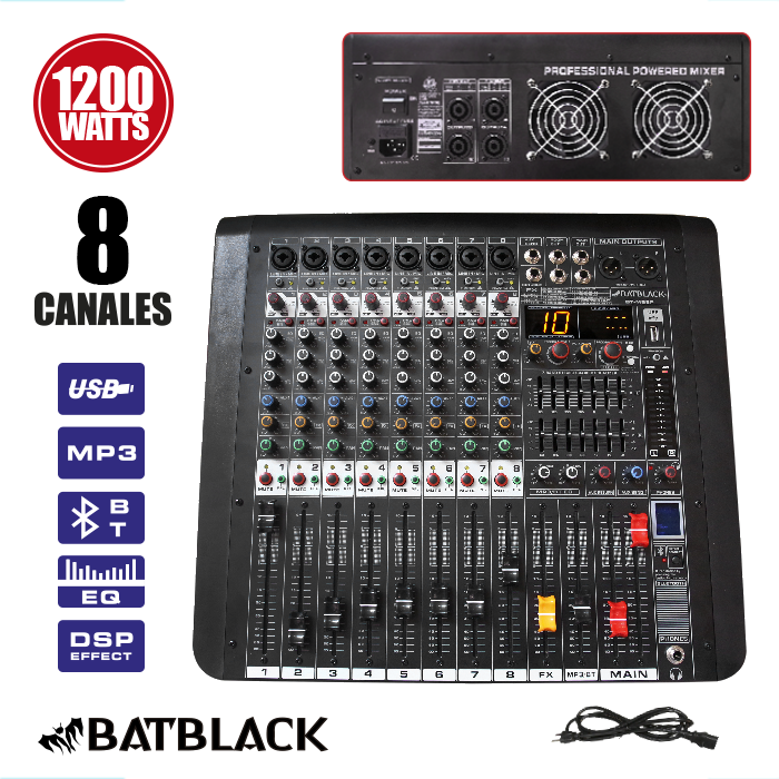 CONSOLA AMPLIFICADA 8 CANALES 1200W BATBLACK C/USB MP3 BT-MB8P