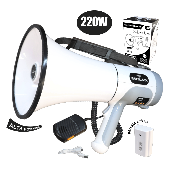 MEGAFONO RECARGABLE 220W USB,BT, CON GRABACIÓN 100SEG BT-MF220 BATBLACK