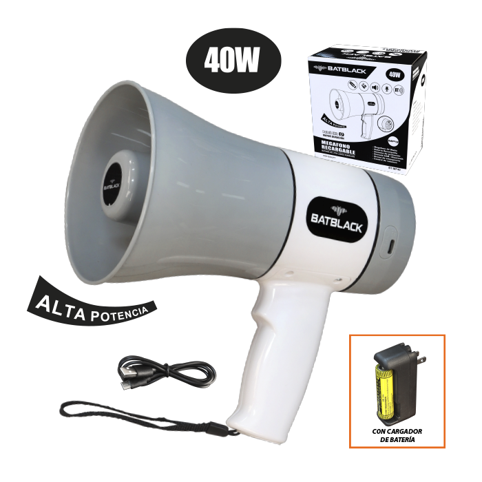 MEGAFONO RECARGABLE 40W, USB, BT SD, CON GRABACIÓN 300SEG BT-MF40 BATBLACK