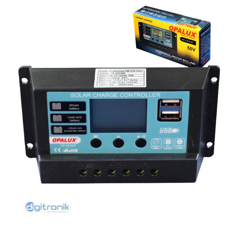 CONTROLADOR SOLAR DE CARGA INTELIGENTE OPALUX 10A OP-CS10AT