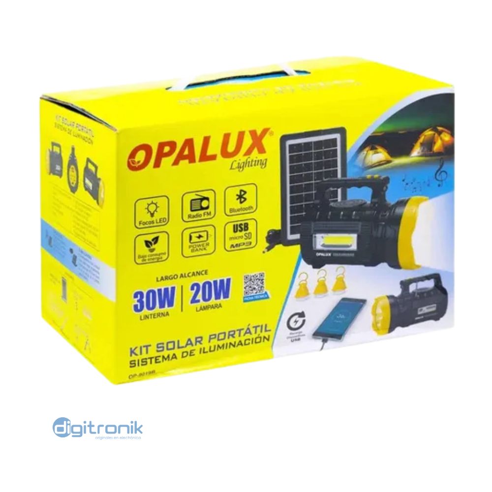 KIT SOLAR PORTATIL OPALUX LINTERNA 30W LAMPARA 20W OP-9019B