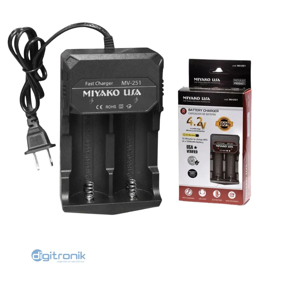 CARGADOR DE BATERIA DE LITIO CON INDICADOR DE CARGA MIYAKO 18650/26650 MV-251