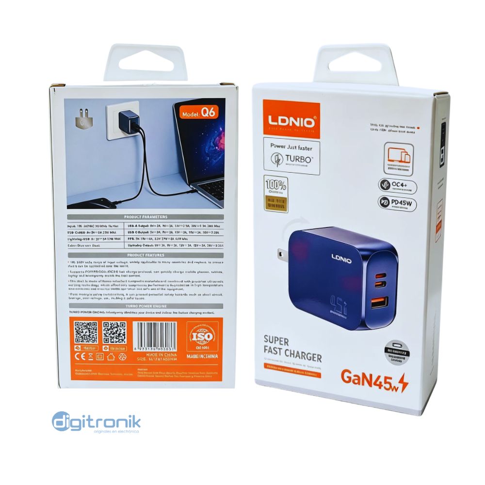 CARGADOR SUPER RAPIDO USB-C/A 45W LDNIO Q6
