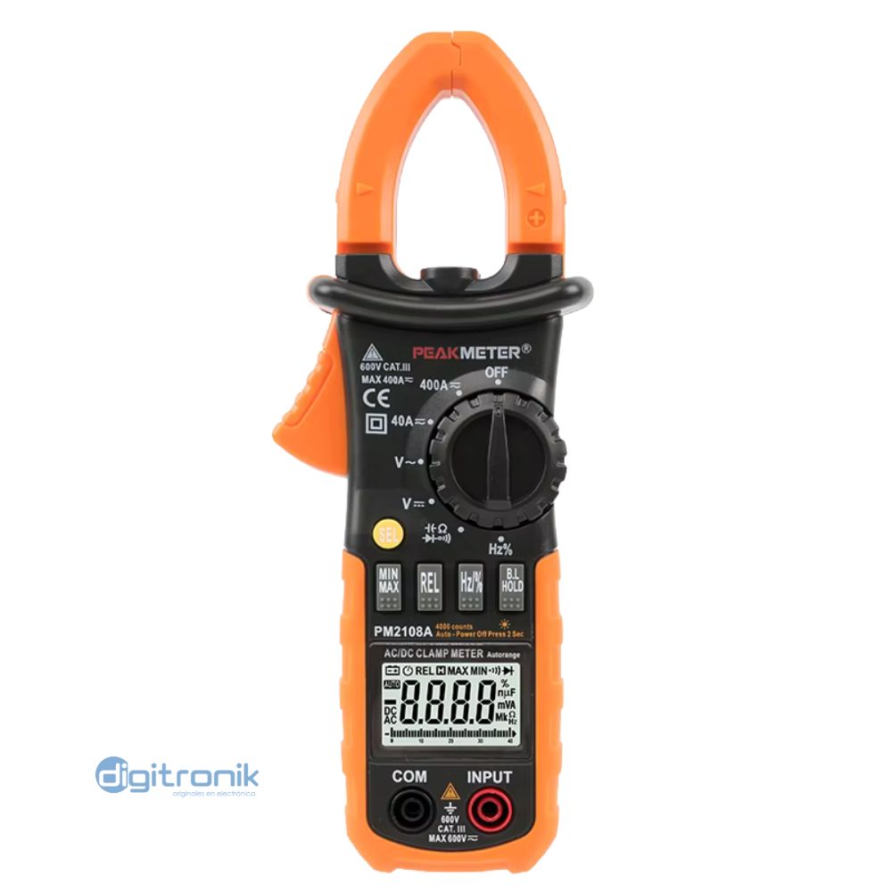 PINZA AMPERIMETRICA AC/DC 400A,600V 40MOHM, 4000UF, 10MHZ PEAKMETER PM2108A