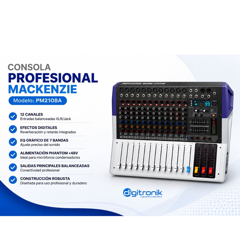 CONSOLA AMPLIFICADA 12 CANALES INCORPORADO 800WTTS BT MACKENZI MIX-POWER 12 G2