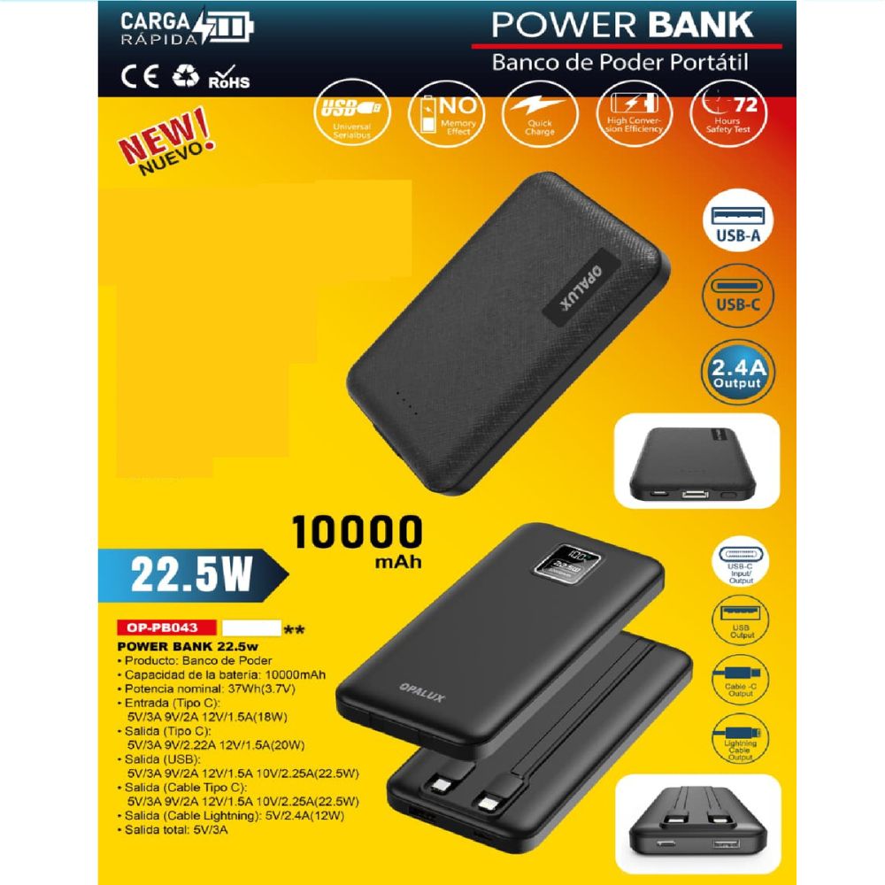 POWER BANK PORTATIL OPALUX 10000MAH CON CARGA RAPIDA OP-PB043