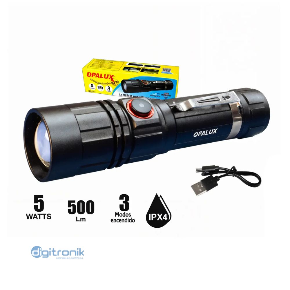 LINTERNA RECARGABLE ZOOM 5W OPALUX 500LM 3 MODOS DE ENCENDIDO OP-1735