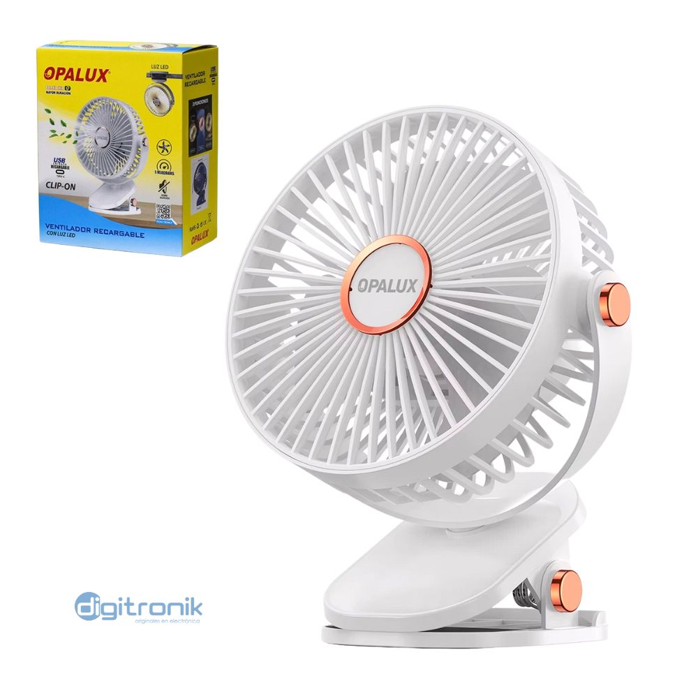 VENTILADOR CLIP-ON RECARGABLE C/LUZ LED OPALUX BLANCO OP-CF60-BL