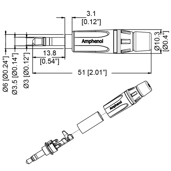 PLUG STEREO 3.5MM NEGRO CROMADO KS3PC AMPHENOL