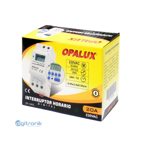 INTERRUPTOR HORARIO DIGITAL OPALUX 230VAC 24H/7D OP-15ATC