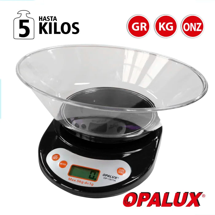 BALANZA DIGITAL NEGRO 1GR A 5KG PANTALLA OPALUX LCD OP-1811A-NG