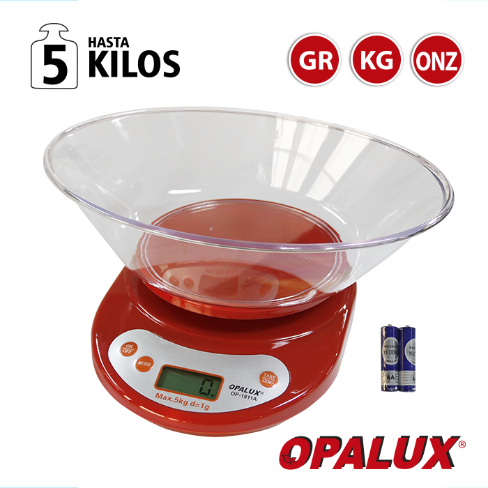 BALANZA DIGITAL ROJO 1GRA 5KG OPALUX PANTALLA LCD OP-1811A-RD