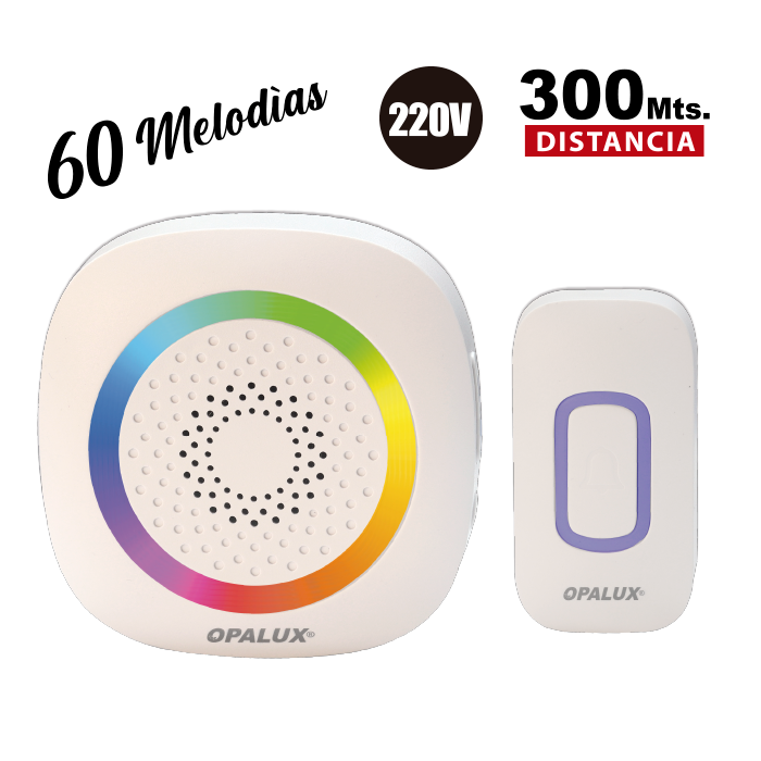 TIMBRE INALAMBRICO CON LUZ RGB 220V-PILA OPALUX 60 MELODIAS OP-3895
