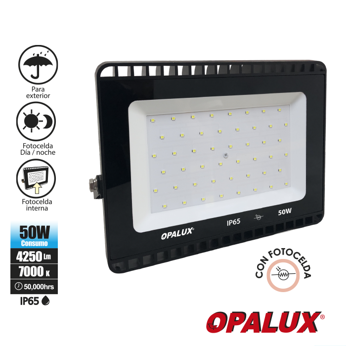 REFLECTOR LED OPALUX SLIM 50W CON FOTOCELDA 7000K OP-50CW27EIGS