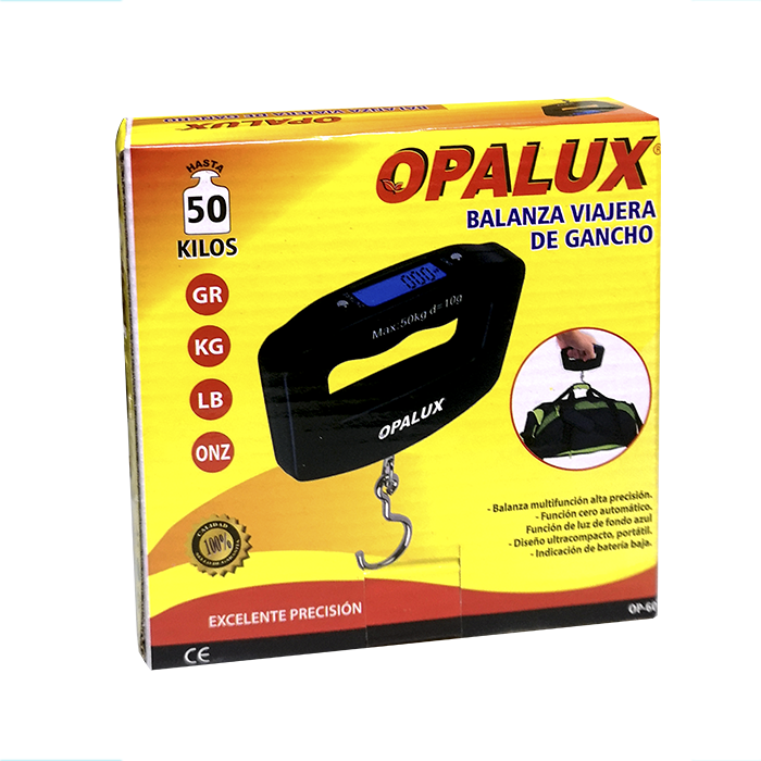 BALANZA DE GANCHO 50KG 2 PILAS AA OPALUX OP-607