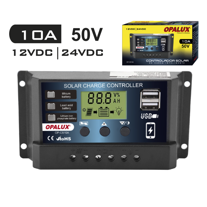 CONTROLADOR SOLAR DE CARGA INTELIGENTE OPALUX 10A OP-CS10A