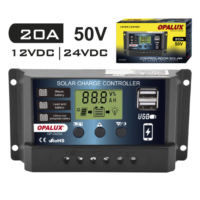 CONTROLADOR SOLAR DE CARGA INTELIGENTE OPALUX 20A OP-CS20A