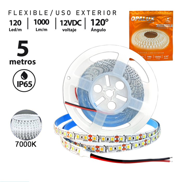 CINTA LED 7000K LED2835 C/SILICONA 120LEDS "OPALUX" 5M LUZ FRIA OP-LS65120-CW