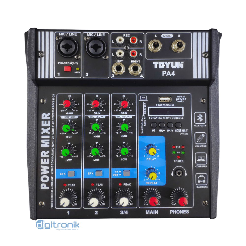 CONSOLA DE 4 CANALES 100W X2 4 OHMIOS USB BT ZZ-M PA4