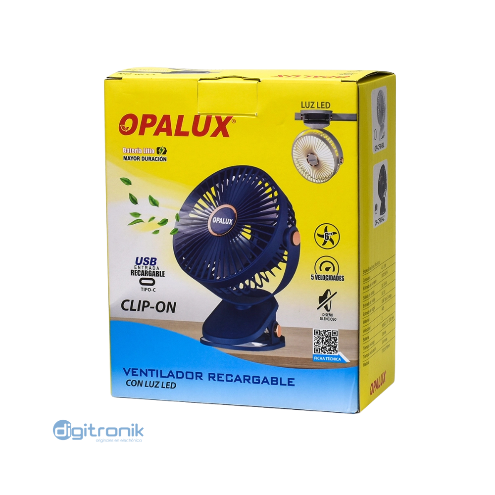 VENTILADOR CLIP-ON RECARGABLE C/LUZ LED OPALUX AZUL OP-CF60-AZ