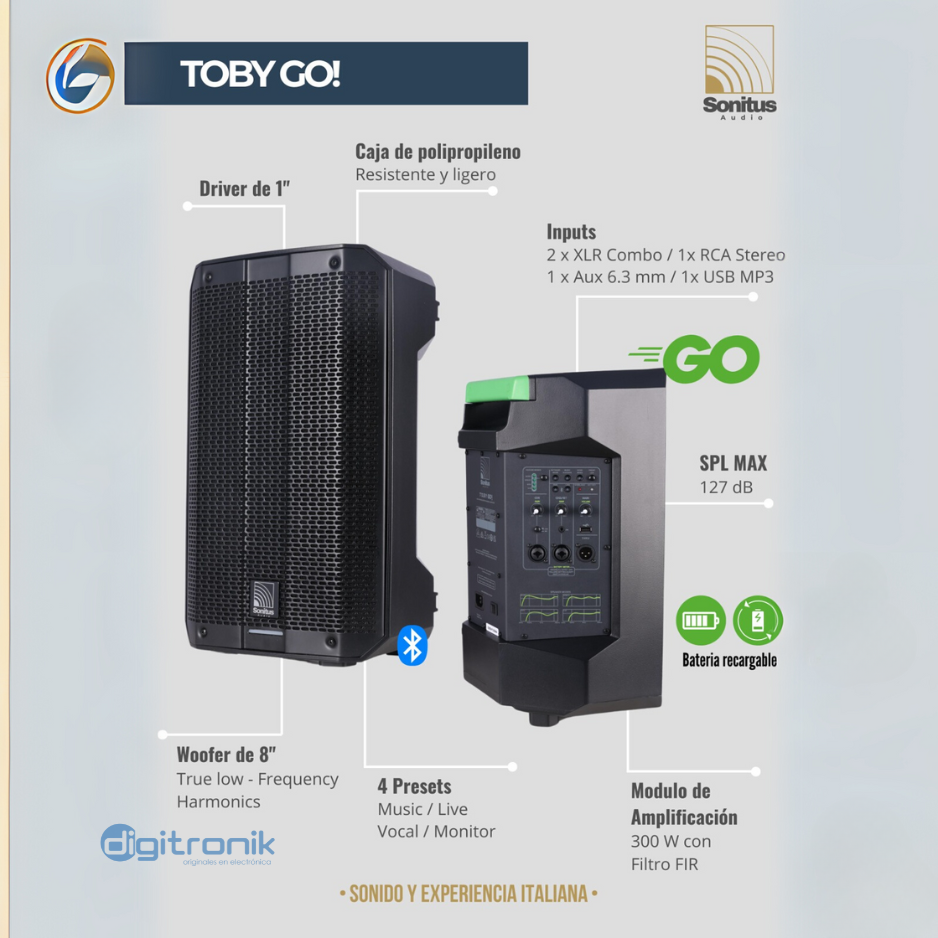 PARLANTE SONITUS DE 8" CON BATERIA RECARGABLE 300W TOBY GO
