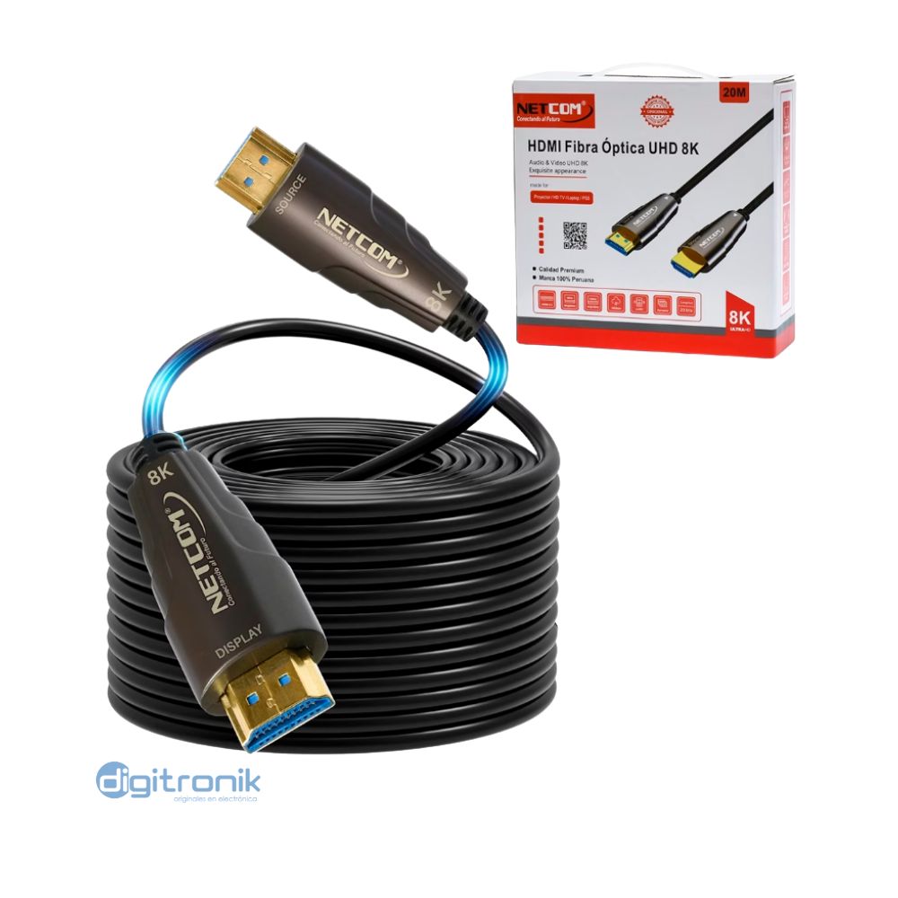 CABLE HDMI A HDMI FIBRA OPTICA DE 20 MTS UHD 8K@60HZ V2.1 - NETCOM PE-HF1020