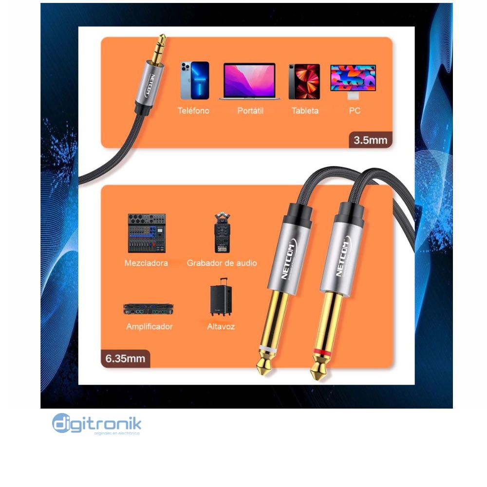 CABLE DE AUDIO 1 PLUG 3.5MM A 2 PLUG 6.3MM NETCOM PE-RS0502
