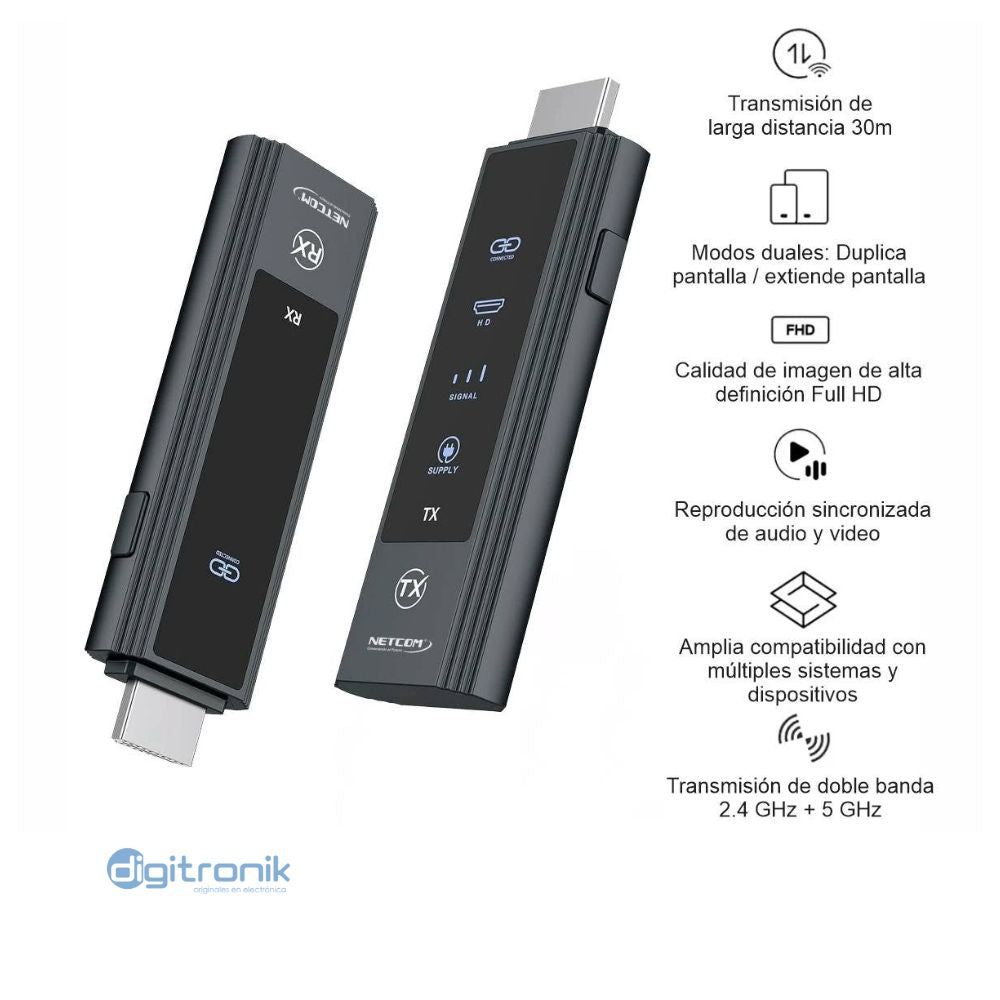 EXTENDER HDMI INALAMBRICO DE 30MTS 1080P NETCOM PE-EXI030