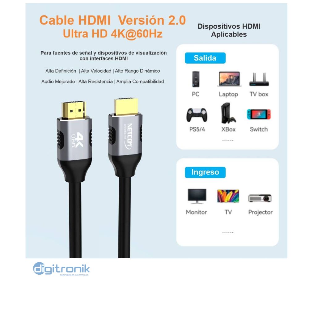 CABLE HDMI V2.0 8MTS NETCOM PE-HD0108