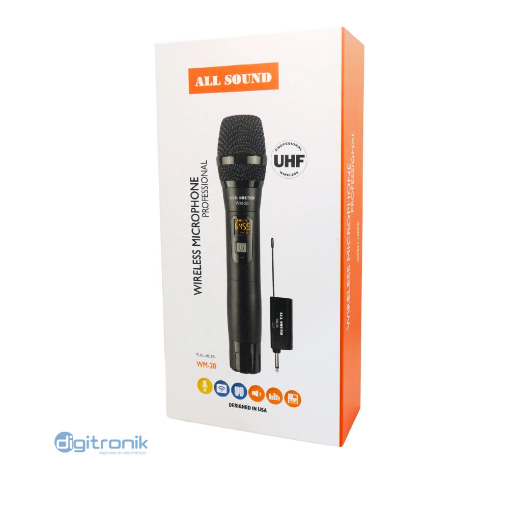 MICROFONO INALAMBRICO DE MANO UHF ALL SOUND, METAL PESADO CON BATERIA LITIO RECARGABLE 30-50M WM-20